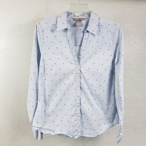 H&M Women's Blue Button Down Mini Pin Long Sleeve Cotton Blend Shirt Top Blouse